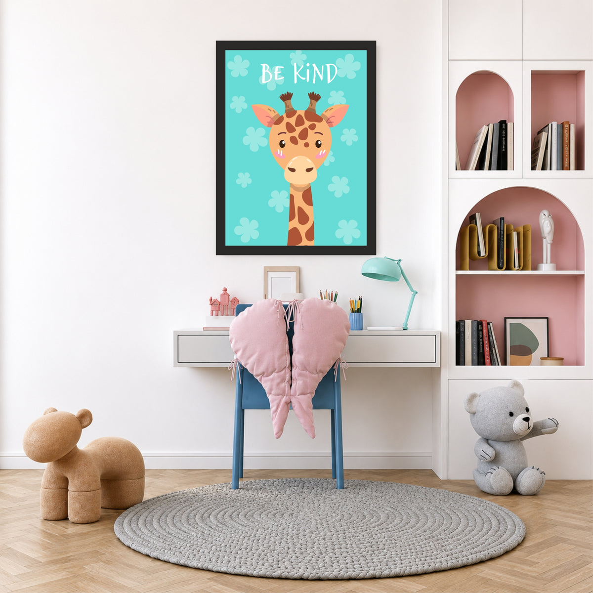 Be Kind Giraffe Nursery Wall Art | Cute Animal Kids Room Poster