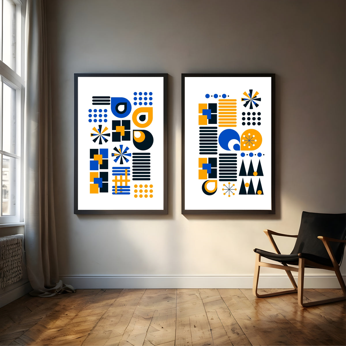 Mid Century Modern Geometric Wall Art Set of 2 | Blue Orange Abstract Prints