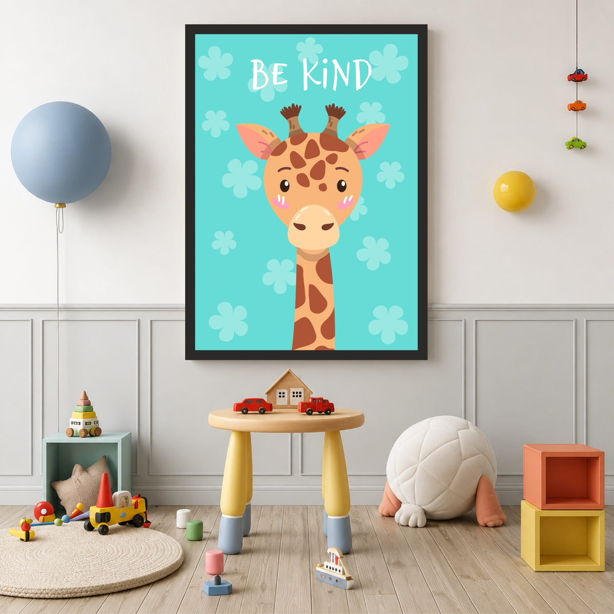 Be Kind Giraffe Nursery Wall Art | Cute Animal Kids Room Poster