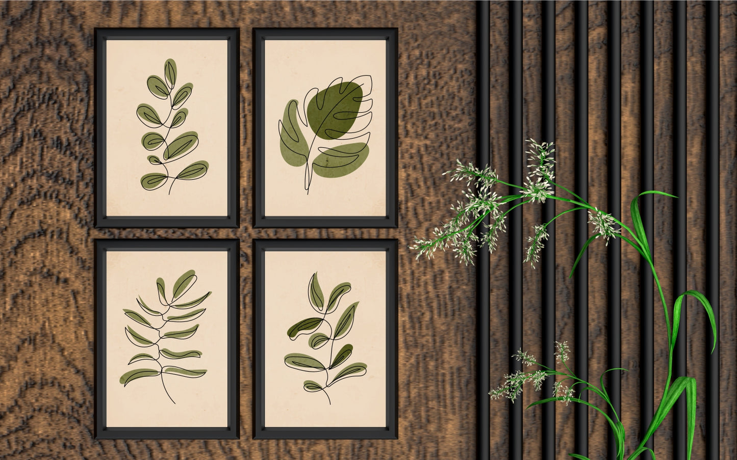 Minimalist Botanical Leaf Wall Frame Set of 4 – Modern Line Art Prints for Living Room & Office Decor 🌿🖼️