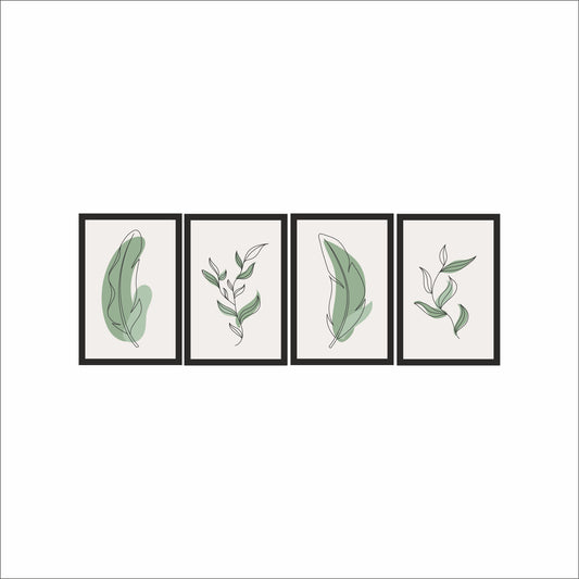 Botanical Feather & Leaf Wall Frame Set of 4 – Minimalist Nature-Inspired Art for Living Room & Bedroom Decor 🍃🖼️