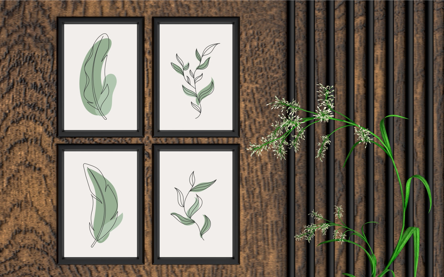 Botanical Feather & Leaf Wall Frame Set of 4 – Minimalist Nature-Inspired Art for Living Room & Bedroom Decor 🍃🖼️