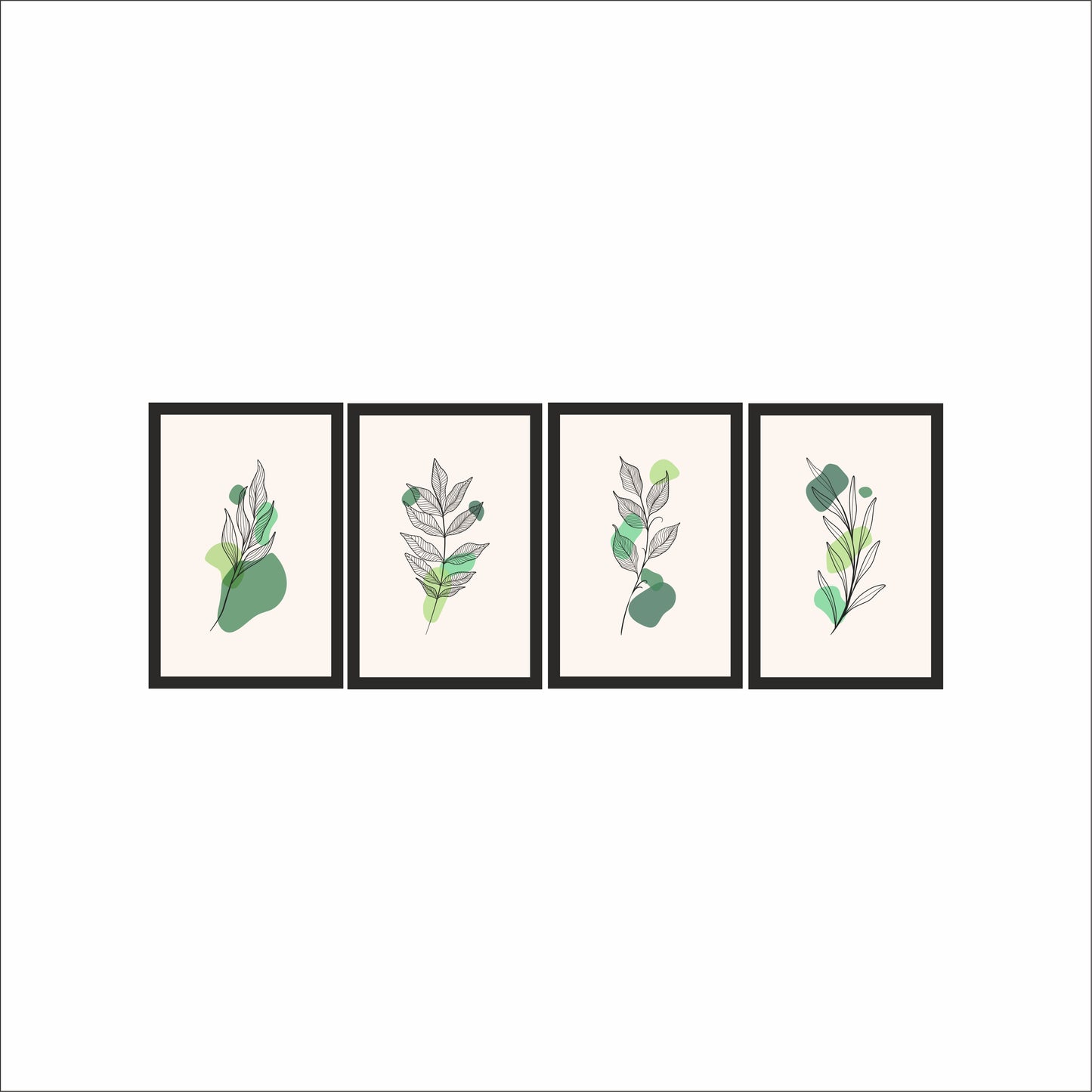 Minimal Botanical Line Art Wall Frame Set of 4 – Modern Green Leaf Prints for Living Room, Bedroom & Office Decor 🍃