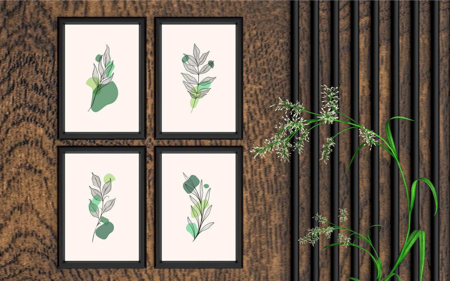 Minimal Botanical Line Art Wall Frame Set of 4 – Modern Green Leaf Prints for Living Room, Bedroom & Office Decor 🍃
