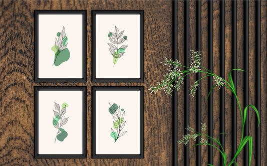 Minimal Botanical Line Art Wall Frame Set of 4 – Modern Green Leaf Prints for Living Room, Bedroom & Office Decor 🍃