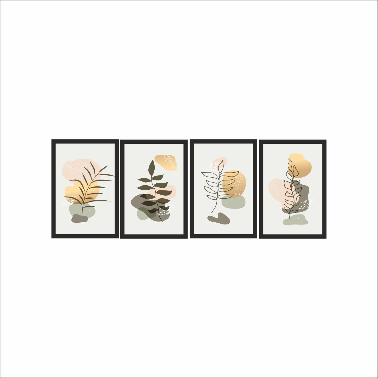 Abstract Botanical Wall Frame Set of 4 – Golden & Green Leaf Art Prints for Modern Home Decor 🍂