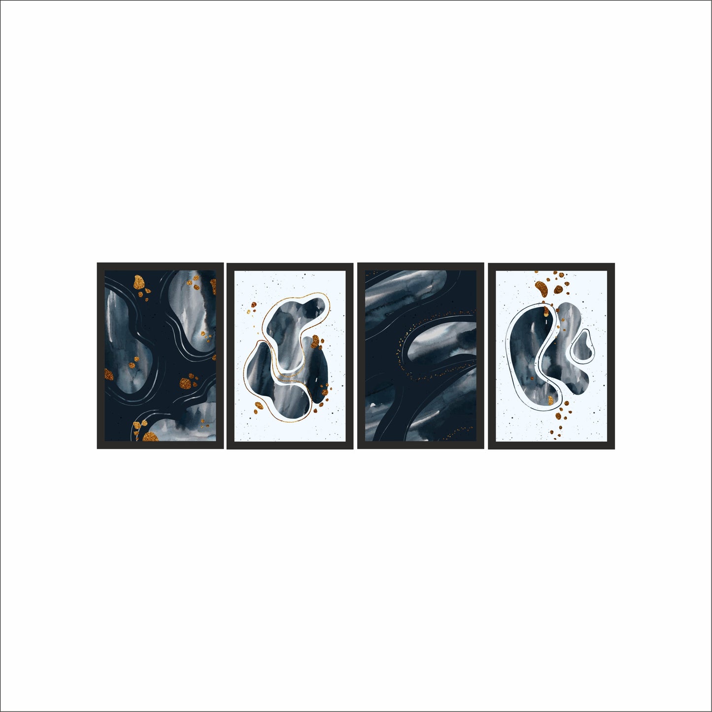 Midnight Luxe Abstract Wall Frame Set of 4 – Blue & Gold Luxury Modern Art for Living Room and Office Decor ✨