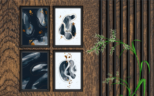 Midnight Luxe Abstract Wall Frame Set of 4 – Blue & Gold Luxury Modern Art for Living Room and Office Decor ✨