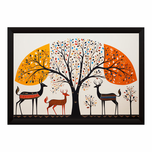 Tree of Life Wall Art | Deer & Peacock Folk Art | Indian Tribal Animal Artwork
