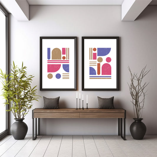 Mid Century Modern Geometric Wall Art Set of 2 | Pink Blue Abstract Prints