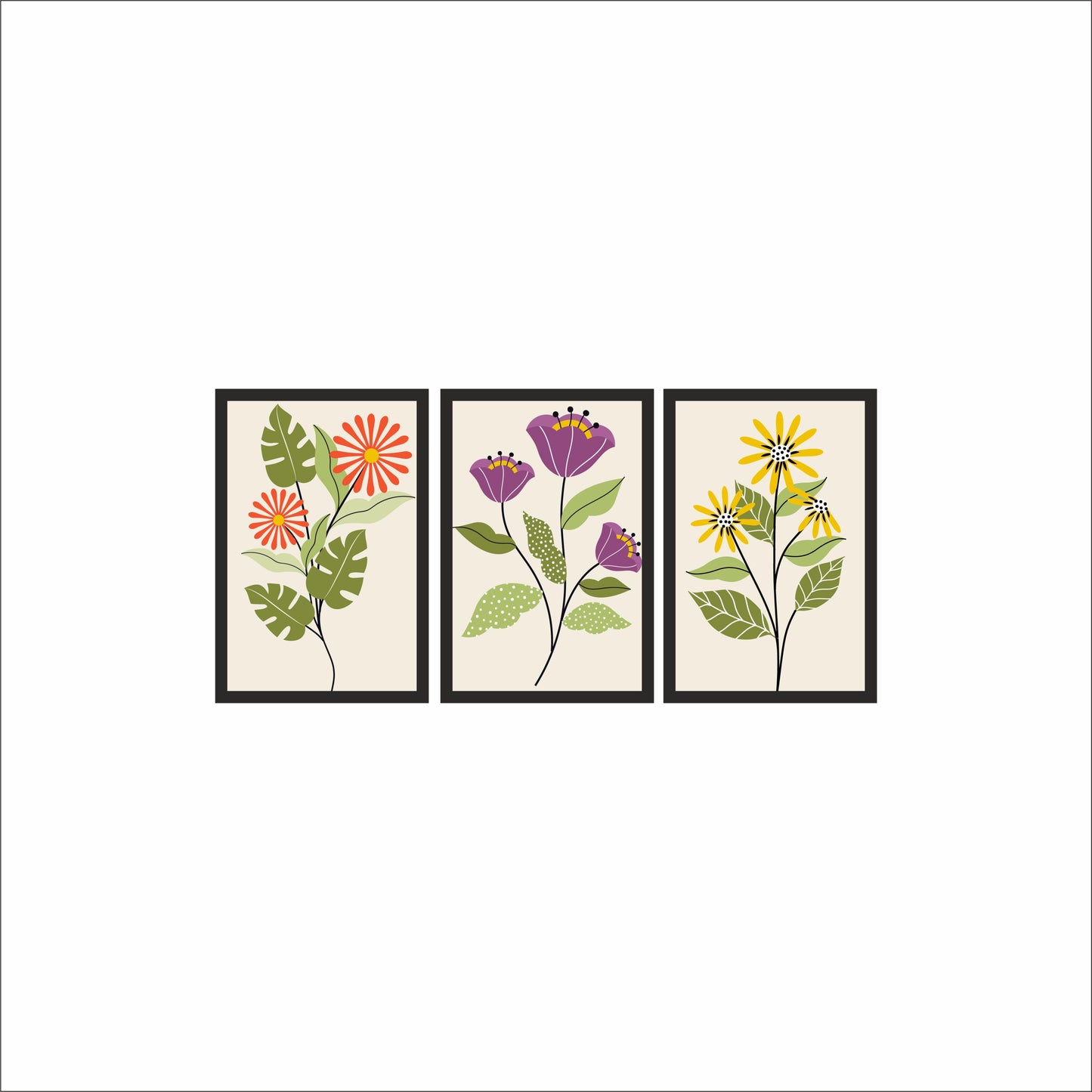 Vibrant Bloom Botanical Wall Frame Set of 3 – Colorful Floral Art for Living Room & Bedroom Decor 🌼🌿