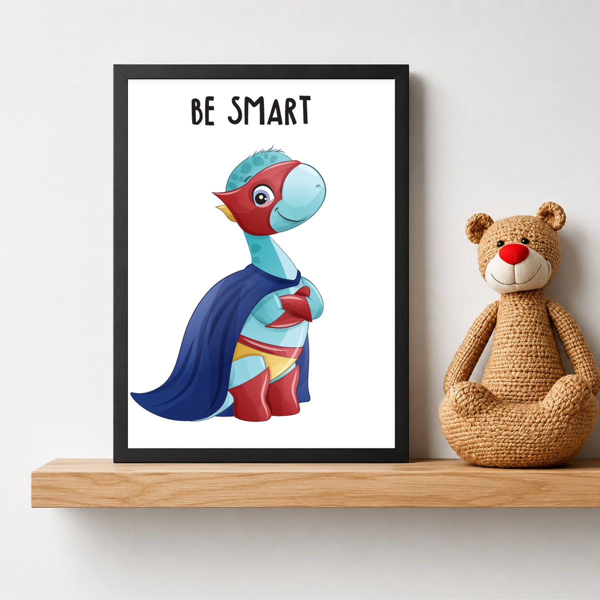 Be Smart Dino Nursery Wall Art | Cute Superhero Kids Room Poster