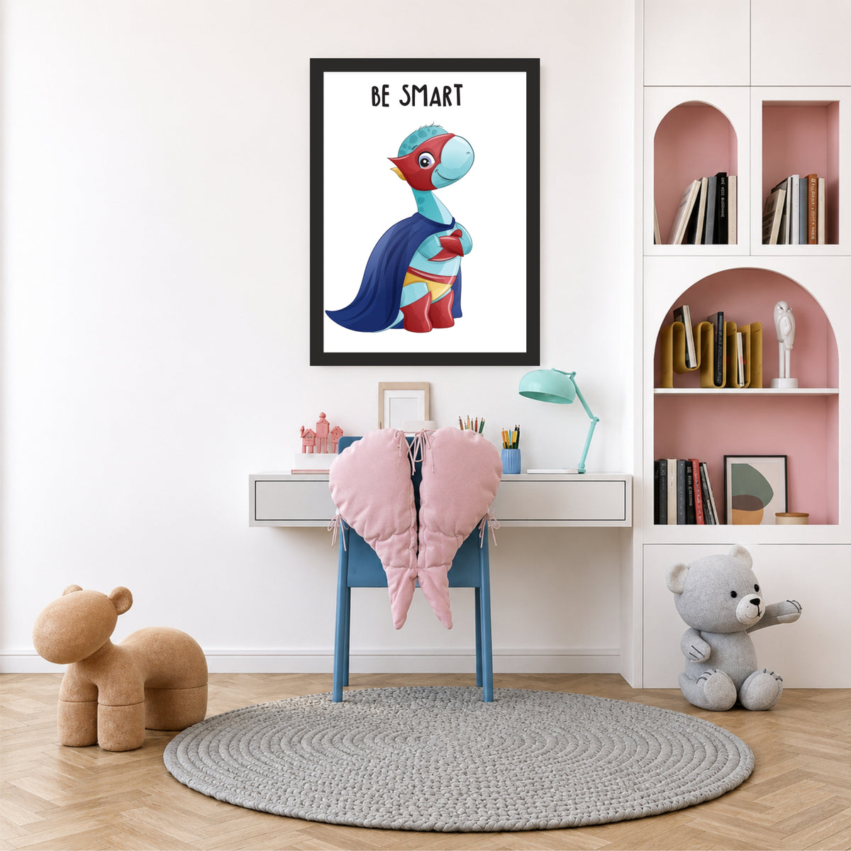 Be Smart Dino Nursery Wall Art | Cute Superhero Kids Room Poster