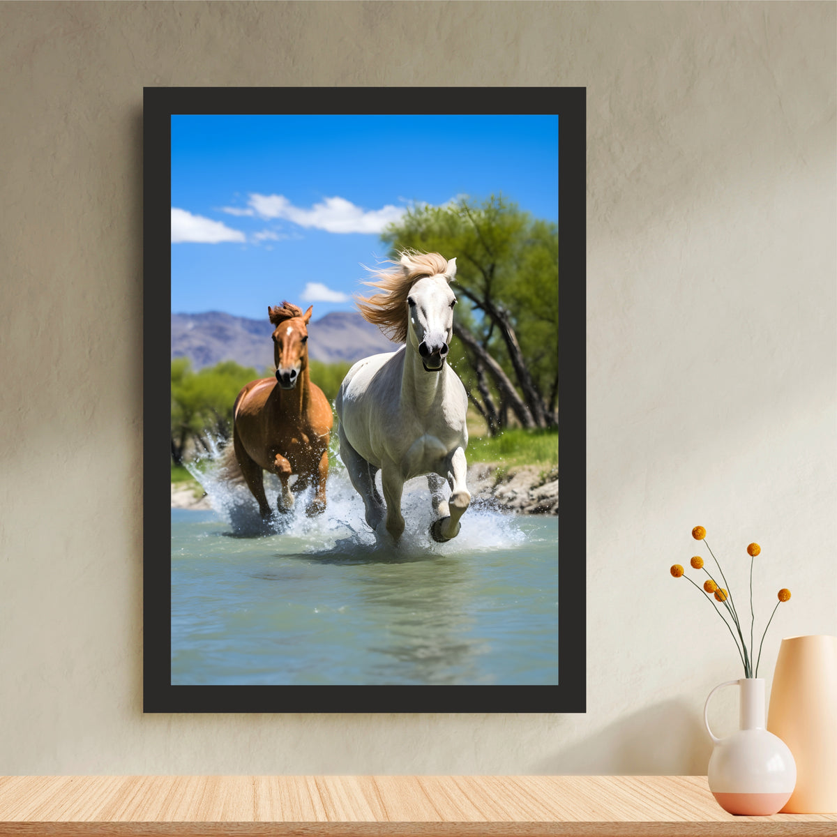 Horse Wall Art | Running Horses in Water Artwork | Framed Horse Photography | Nature & Wildlife Decor