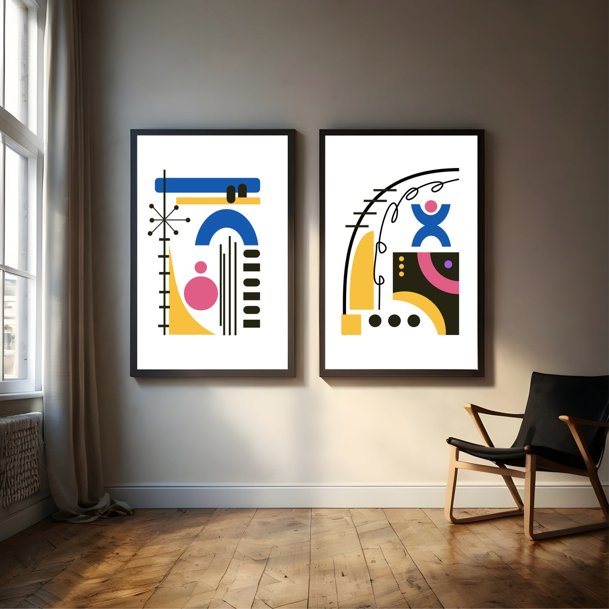 Mid Century Modern Abstract Wall Art Set of 2 | Colorful Geometric Retro Prints