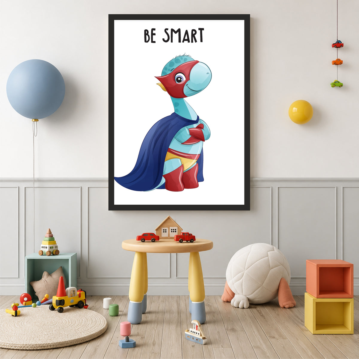 Be Smart Dino Nursery Wall Art | Cute Superhero Kids Room Poster