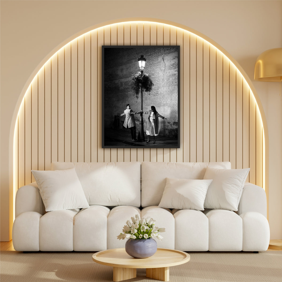 Romantic Couple Under Street Lamp Wall Art | Black & White Love Photography Canvas Print | Vintage Night Romance Wall Decor | Minimalist Couple Artwork