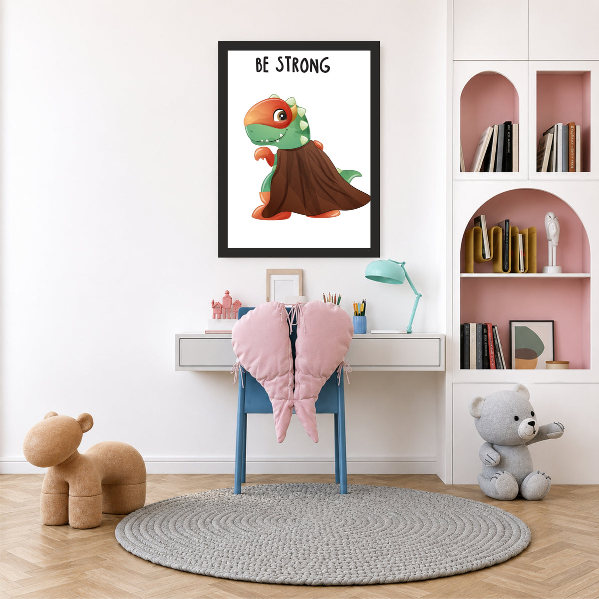 Be Strong Dino Nursery Wall Art | Cute Superhero Kids Room Poster