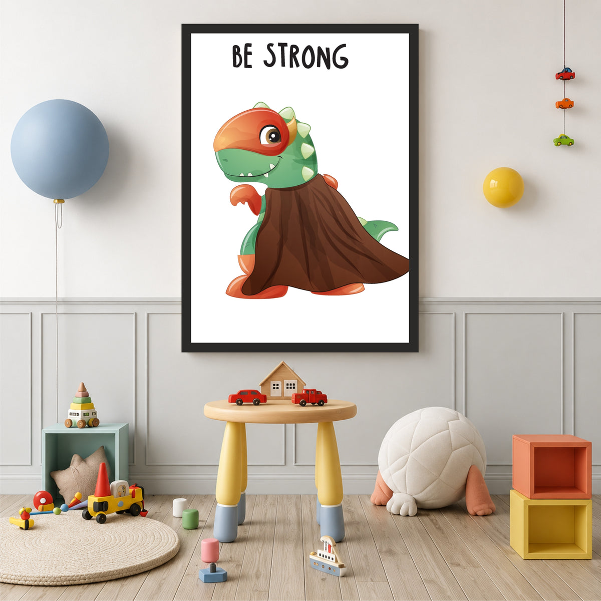 Be Strong Dino Nursery Wall Art | Cute Superhero Kids Room Poster