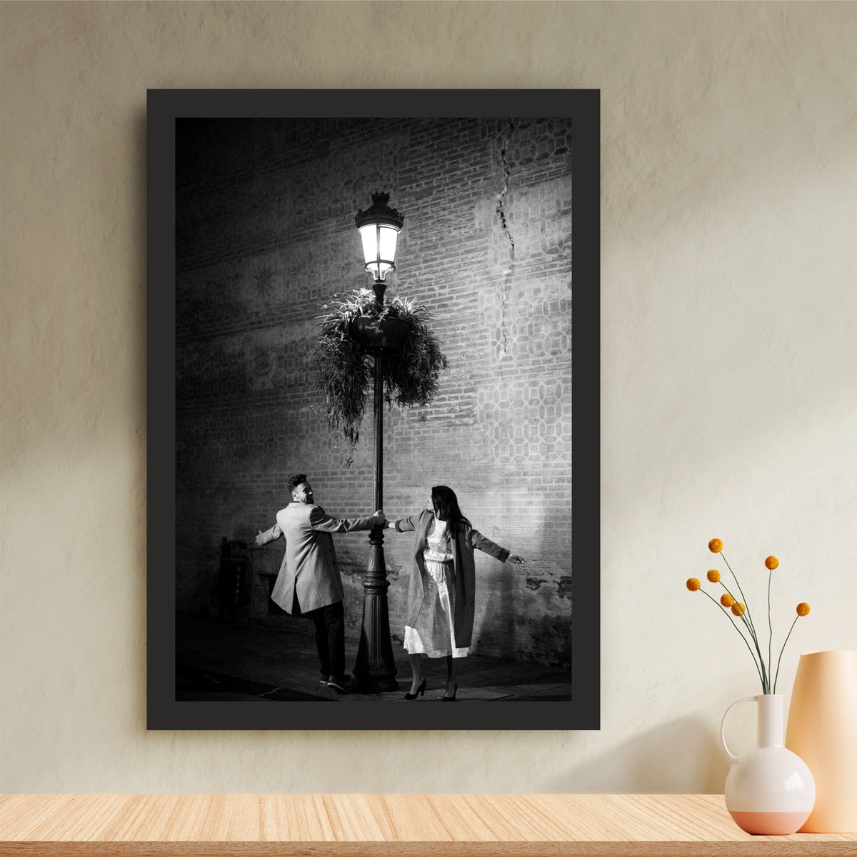 Romantic Couple Under Street Lamp Wall Art | Black & White Love Photography Canvas Print | Vintage Night Romance Wall Decor | Minimalist Couple Artwork