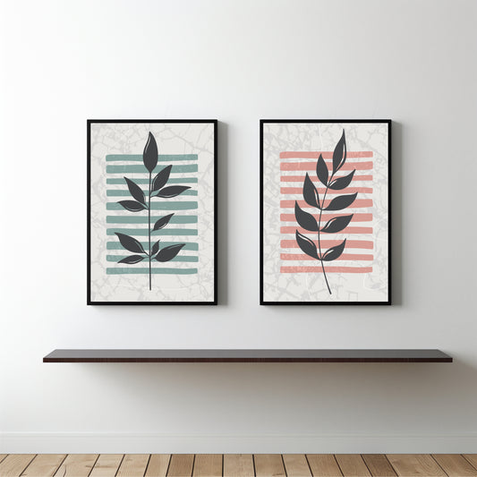 Striped Botanical Wall Frame Set of 2 – Modern Minimal Leaf Art for Home & Office Decor 🌿