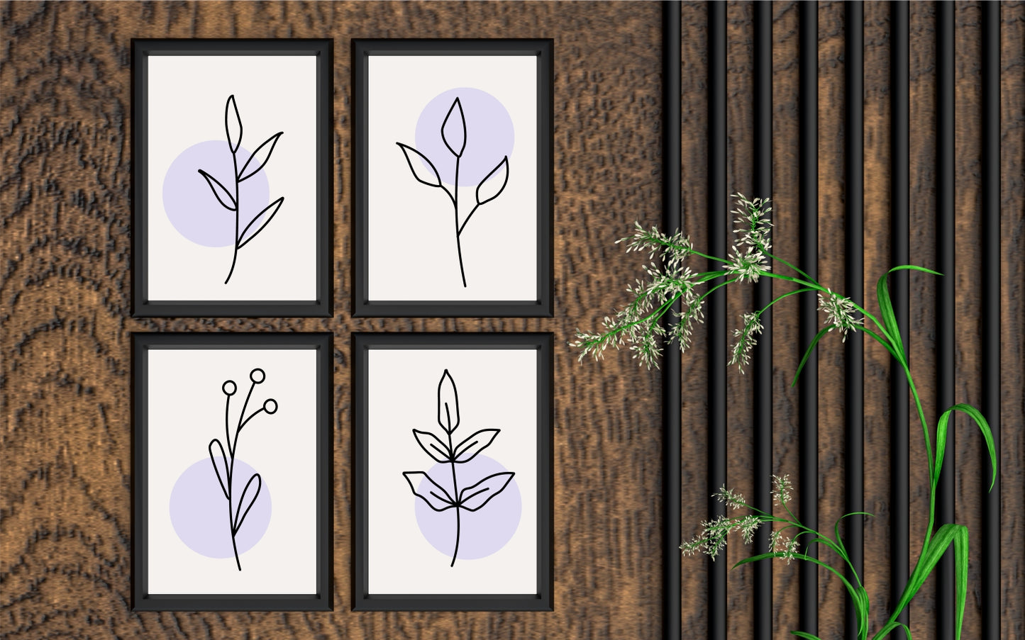 Botanical Line Art Wall Frame Set of 4 – Minimal Plant Illustration with Soft Lavender Tones 🌿