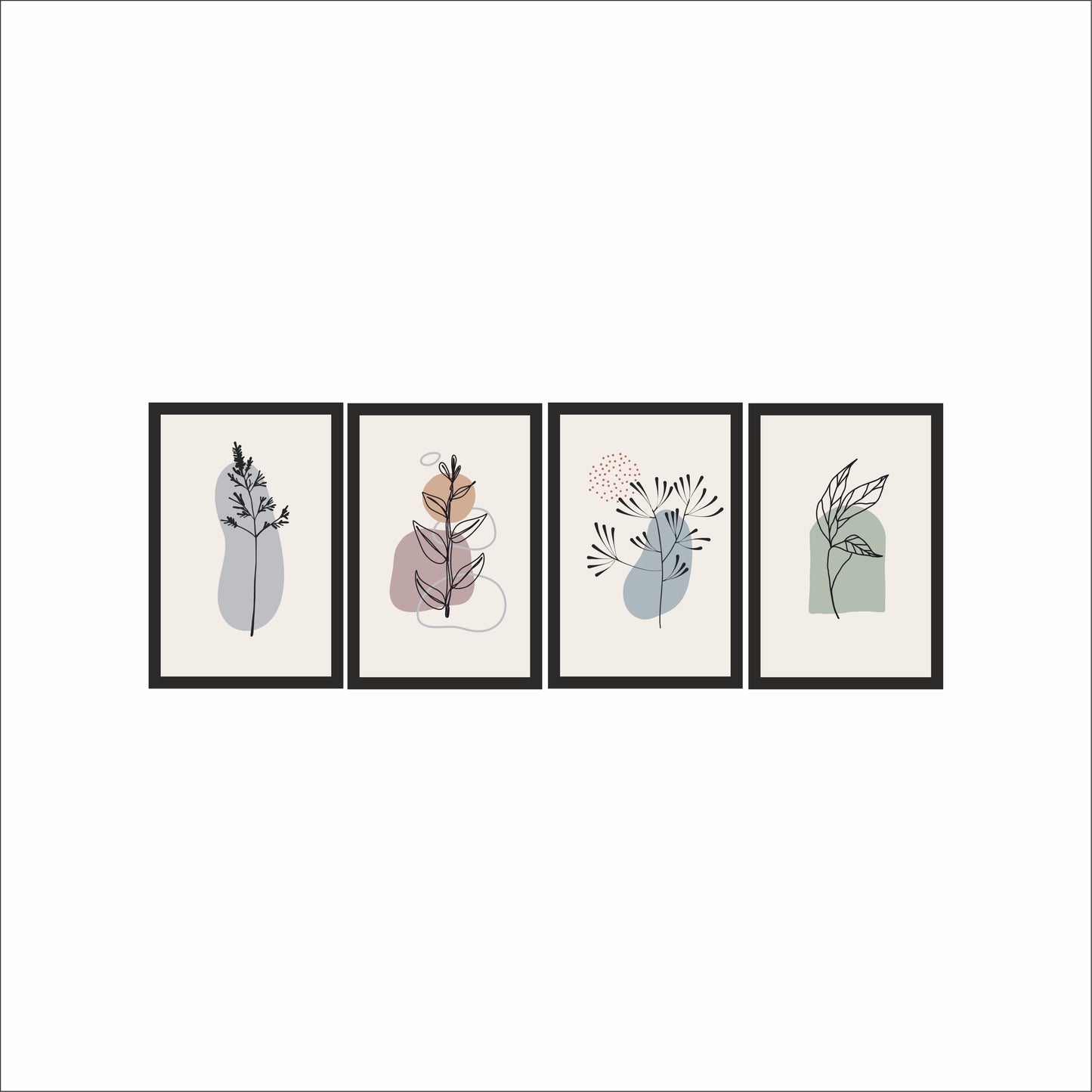 Abstract Botanical Line Art Wall Frame Set of 4 – Modern Minimal Leaf Design with Earthy Tones 🌿