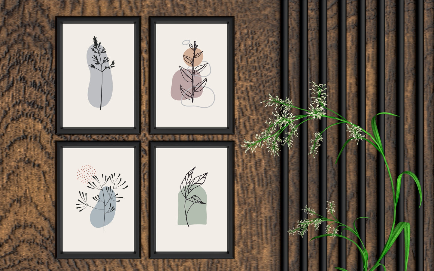 Abstract Botanical Line Art Wall Frame Set of 4 – Modern Minimal Leaf Design with Earthy Tones 🌿