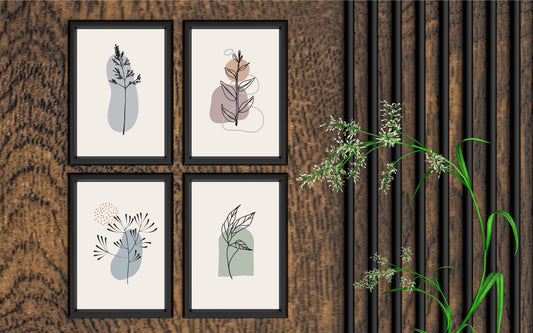 Abstract Botanical Line Art Wall Frame Set of 4 – Modern Minimal Leaf Design with Earthy Tones 🌿