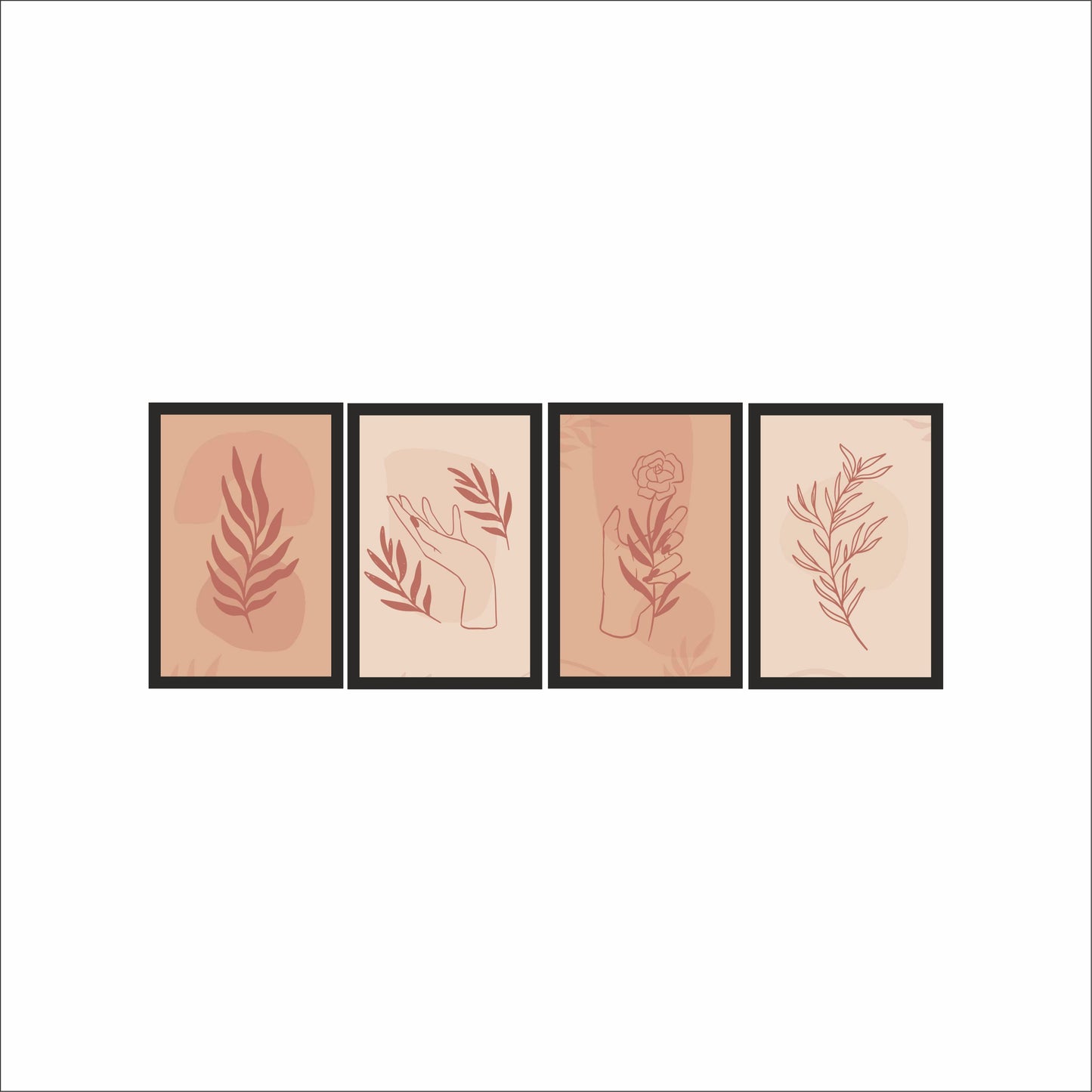 Blush Harmony Botanical Wall Frame Set of 4 – Minimal Hand & Leaf Line Art in Warm Terracotta Shades 🌸