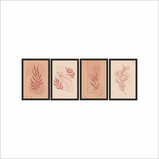 Blush Harmony Botanical Wall Frame Set of 4 – Minimal Hand & Leaf Line Art in Warm Terracotta Shades 🌸