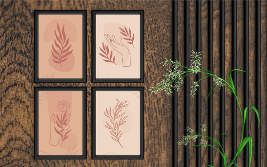 Blush Harmony Botanical Wall Frame Set of 4 – Minimal Hand & Leaf Line Art in Warm Terracotta Shades 🌸