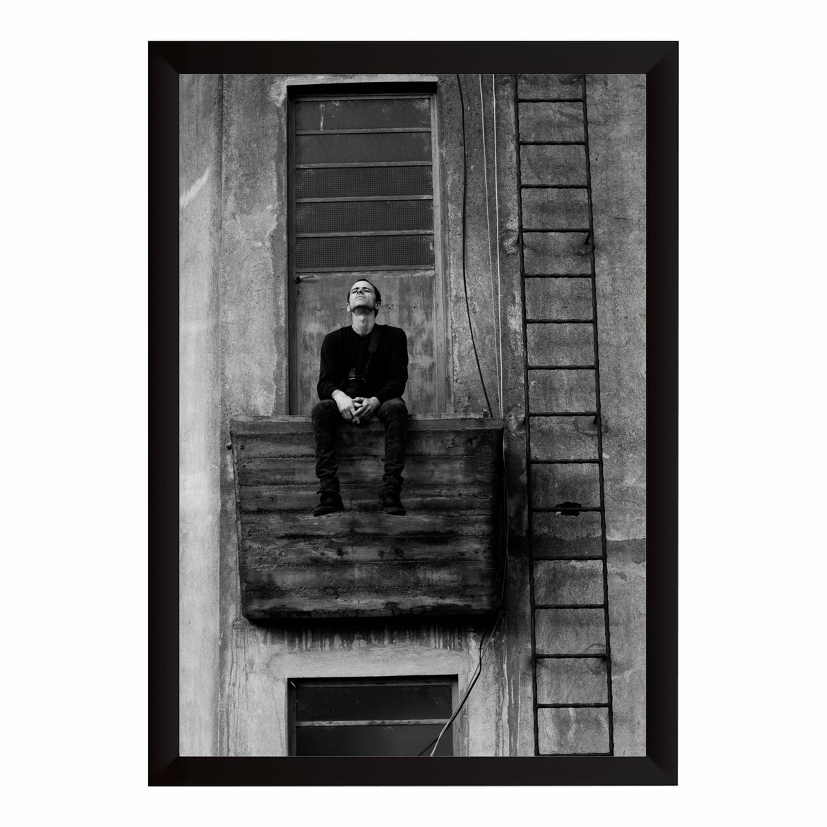 Solitary Man Balcony Wall Art | Black & White Urban Photography | Moody Fine Art Canvas Print | Minimalist Industrial Wall Decor