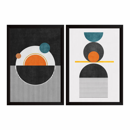Mid Century Modern Geometric Wall Art Set of 2 | Black Orange Teal Abstract Prints
