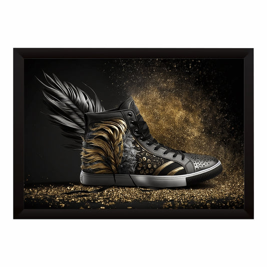 Black Gold Sneaker Wall Art | Feather High-Top Shoe Artwork | Luxury Fashion Decor