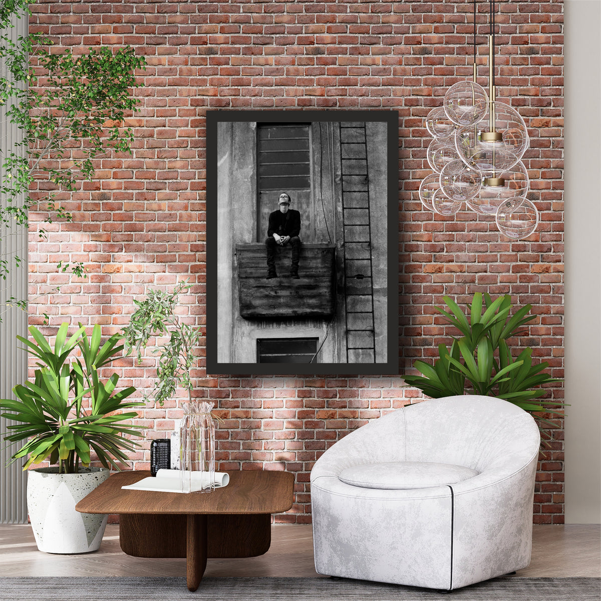 Solitary Man Balcony Wall Art | Black & White Urban Photography | Moody Fine Art Canvas Print | Minimalist Industrial Wall Decor