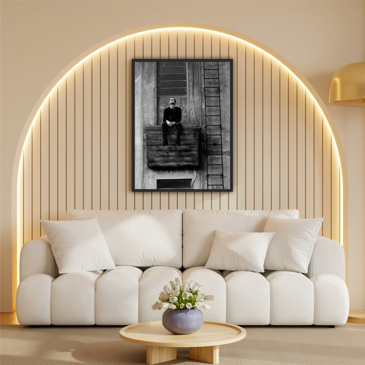 Solitary Man Balcony Wall Art | Black & White Urban Photography | Moody Fine Art Canvas Print | Minimalist Industrial Wall Decor