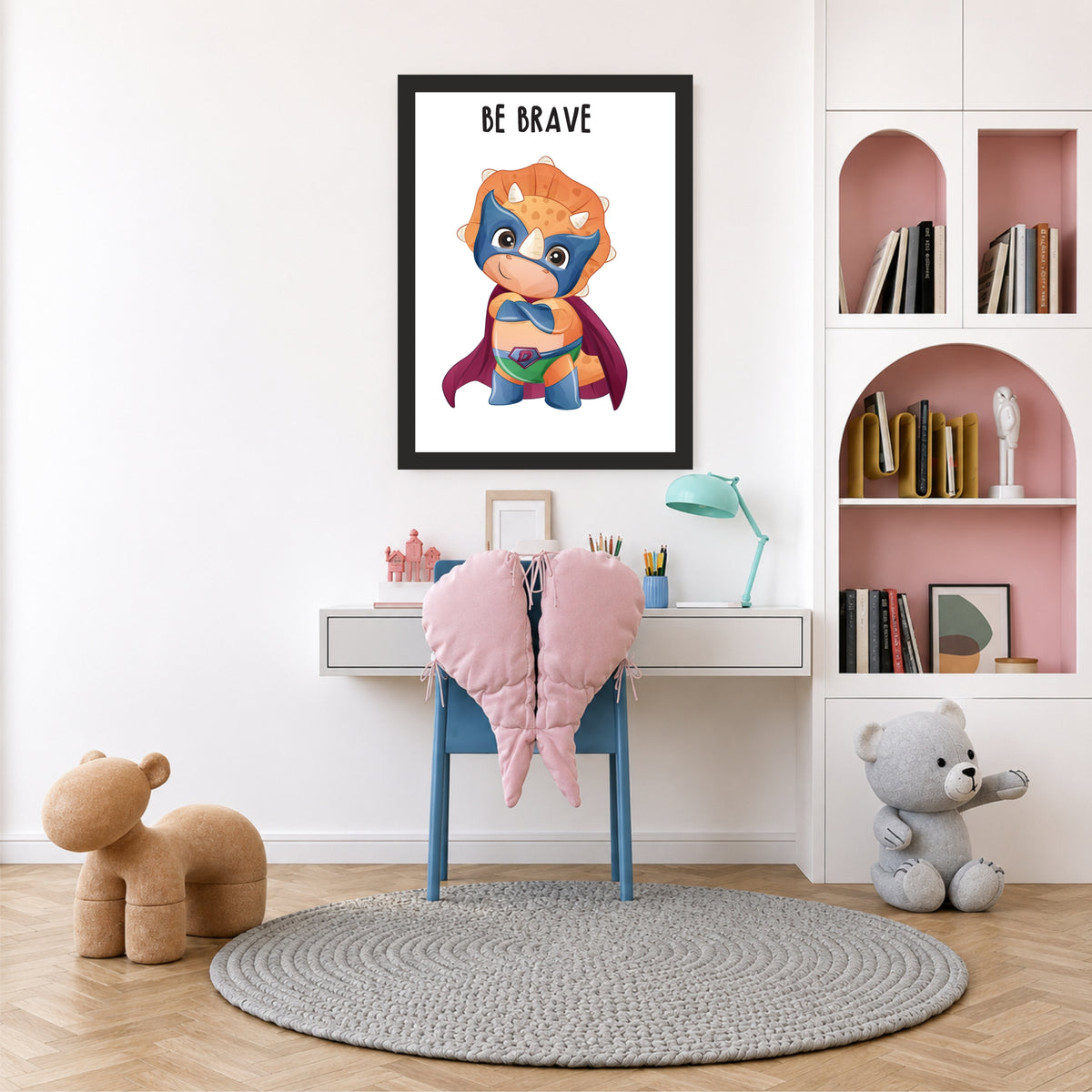 Be Brave Dino Nursery Wall Art | Cute Superhero Dinosaur Kids Room Poster
