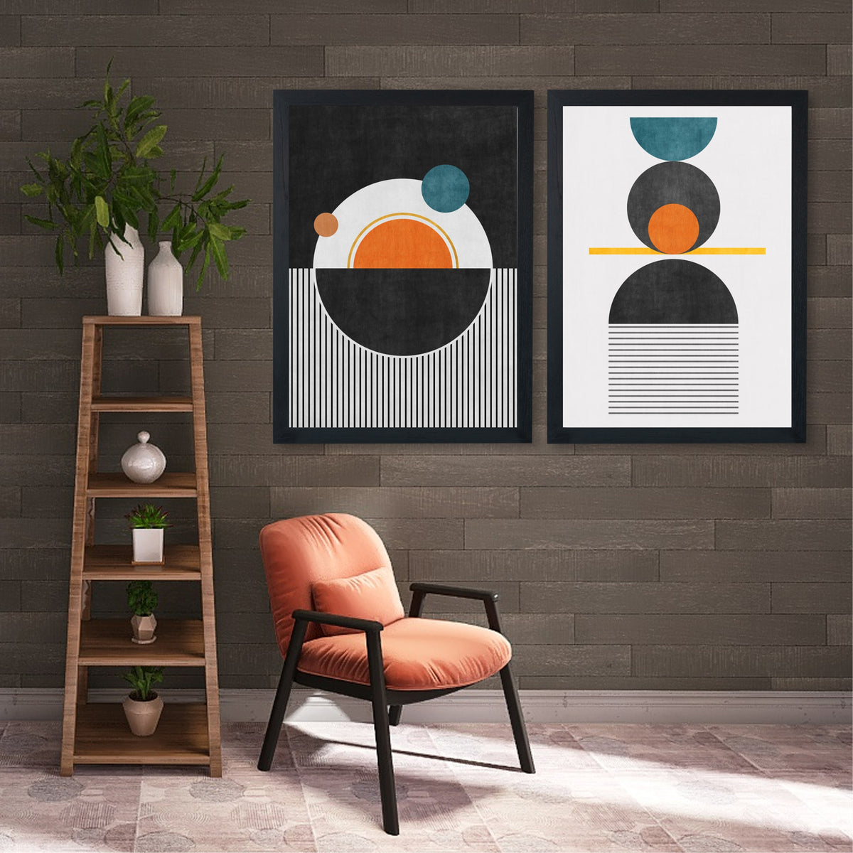 Mid Century Modern Geometric Wall Art Set of 2 | Black Orange Teal Abstract Prints