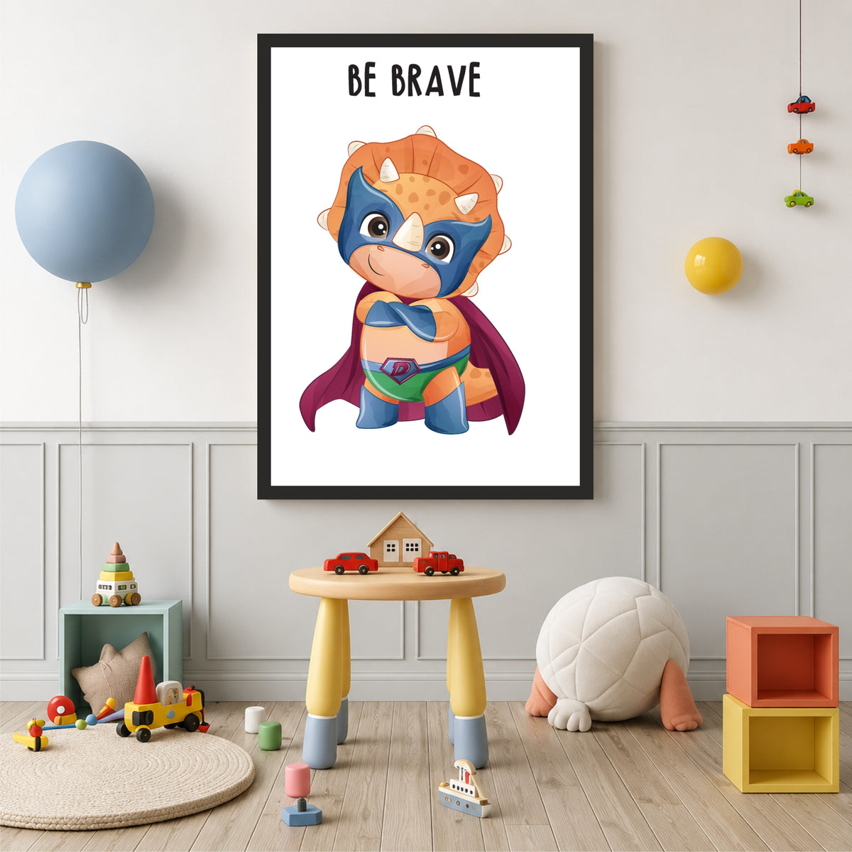 Be Brave Dino Nursery Wall Art | Cute Superhero Dinosaur Kids Room Poster