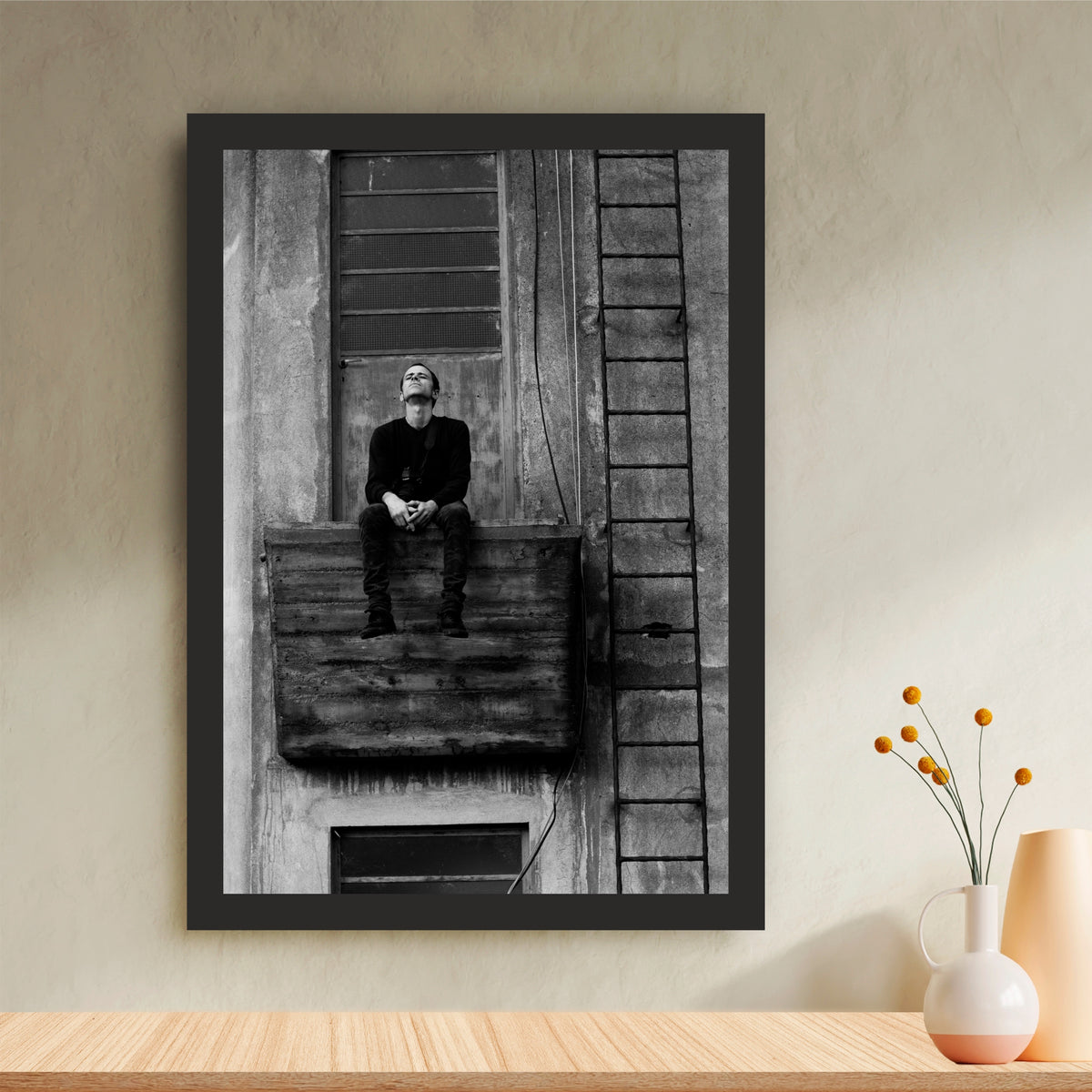 Solitary Man Balcony Wall Art | Black & White Urban Photography | Moody Fine Art Canvas Print | Minimalist Industrial Wall Decor