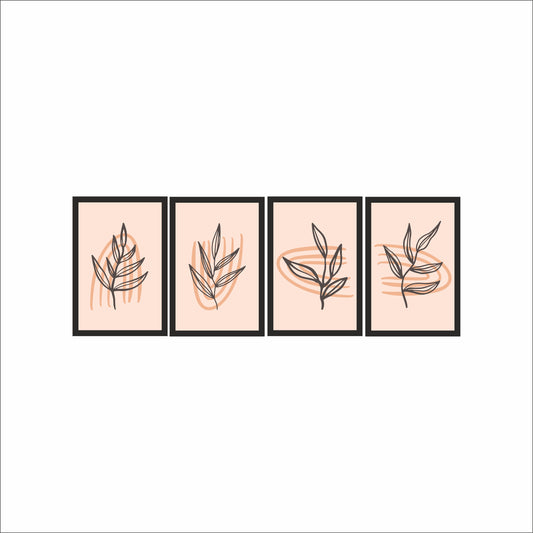 Peach Essence Botanical Wall Frame Set of 4 – Minimal Leaf Line Art in Warm Peach Tones 🍑