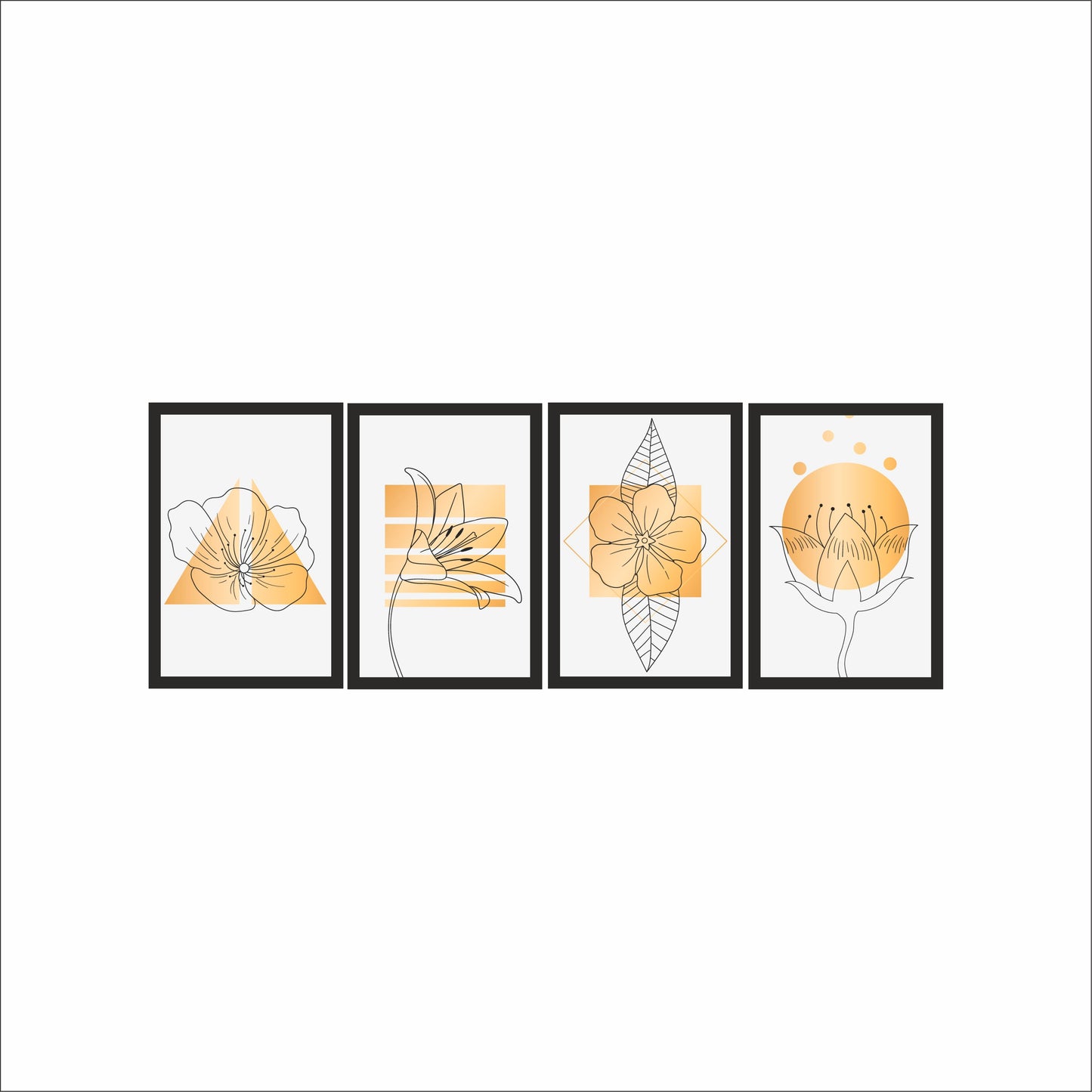 Golden Bloom Floral Wall Frame Set of 4 – Modern Line Art Flowers in Yellow & Gold Tones 🌼