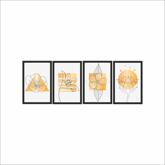 Golden Bloom Floral Wall Frame Set of 4 – Modern Line Art Flowers in Yellow & Gold Tones 🌼