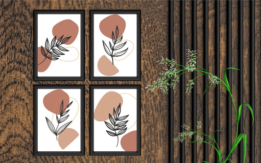 Terracotta Leaf Harmony Wall Frame Set of 4 – Minimal Botanical Line Art in Warm Earth Tones 🍂