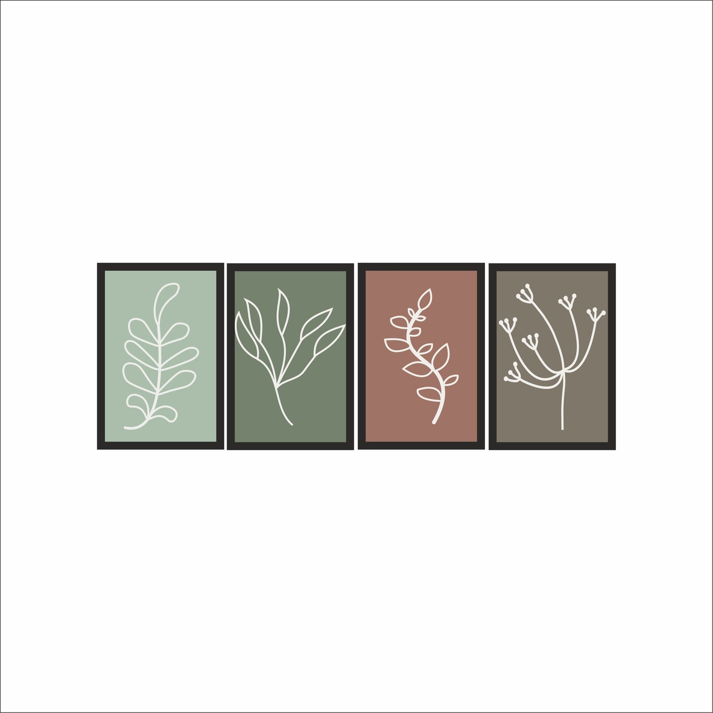 Earthy Botanical Harmony Wall Frame Set of 4 – Minimal Line Art in Green & Terracotta Tones 🌿