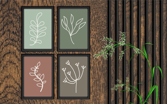 Earthy Botanical Harmony Wall Frame Set of 4 – Minimal Line Art in Green & Terracotta Tones 🌿