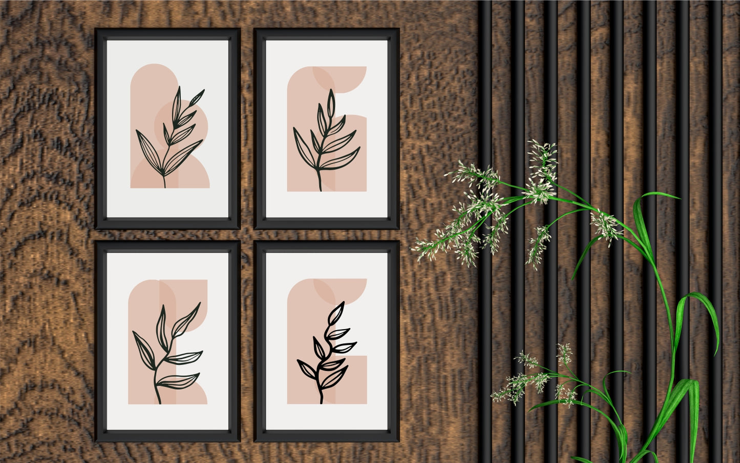 Minimal Botanical Line Art Wall Frame Set of 4 – Abstract Terracotta Aesthetic 🌿