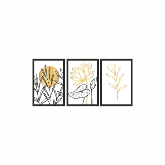 Golden Botanical Line Art Wall Frame Set of 3 – Minimal Modern Floral Design for Home & Office Decor 🌼