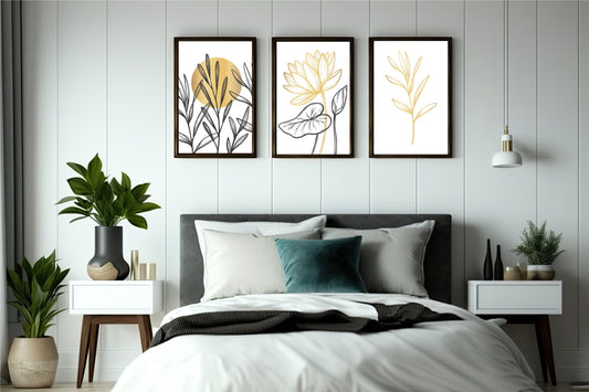 Golden Botanical Line Art Wall Frame Set of 3 – Minimal Modern Floral Design for Home & Office Decor 🌼